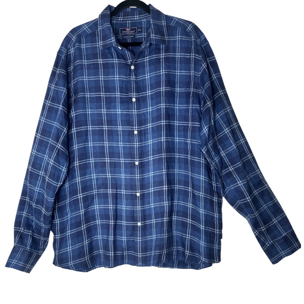 Vineyard Vines Shirt Men's XL Linen Plaid Button Up Long Sleeve Classic Fit